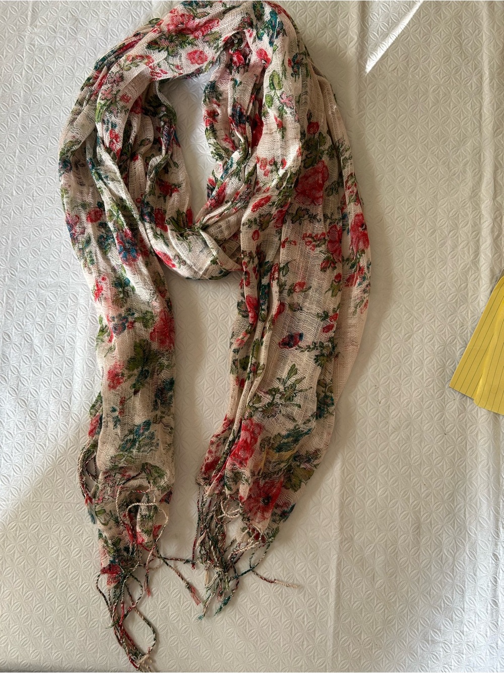 Floral Lightweight Women's Scarf - Beige with Red & Green Floral Print